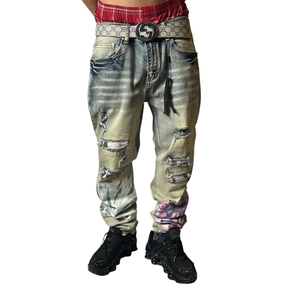 AMIRI Distressed Men's Jeans Tie Dye Art Patch Applications Blue Size 34